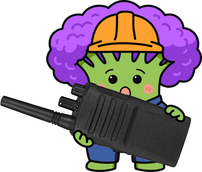 Broccoli mascot holding a radio